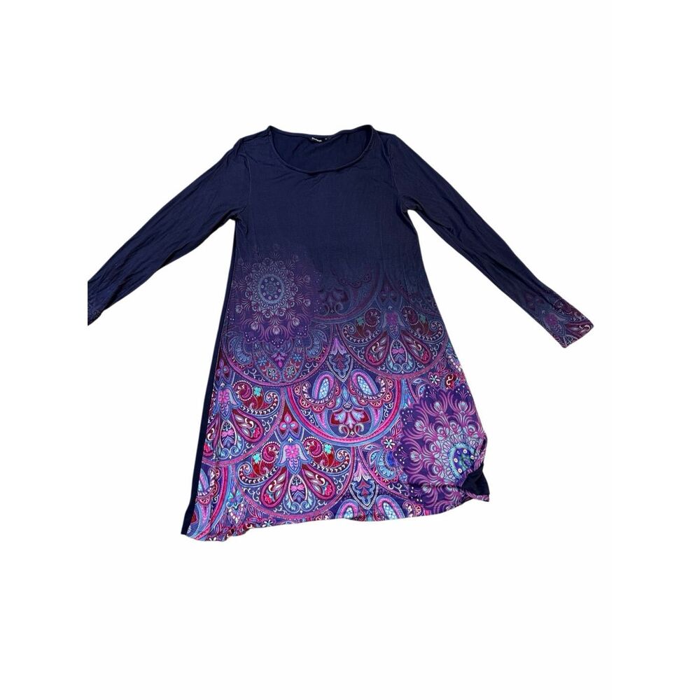Desigual Purple Paisley Print Long Sleeve Batik Mini Dress Women's Size M